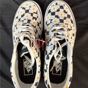 Vans Black & White Checkerboard Daisy Sneakers with Yellow Centers
